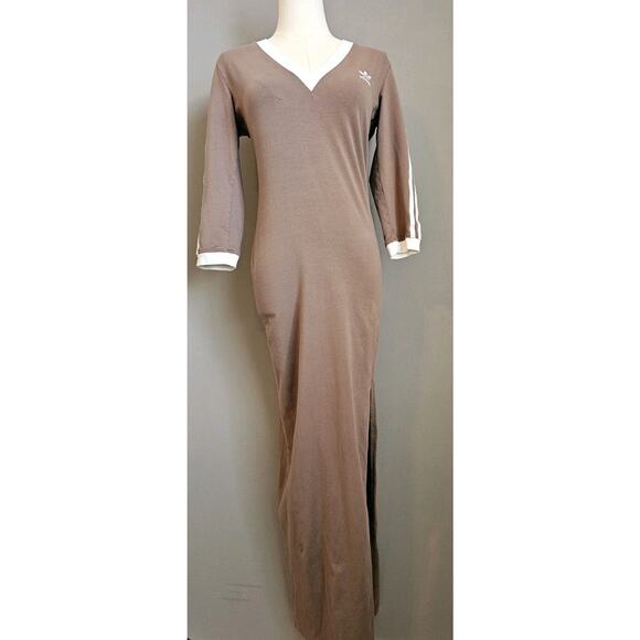 Adidas Originals Adicolor Maxi Dress V-Neck Brown SZ M Athleasure Lounge Sporty - Picture 1 of 10